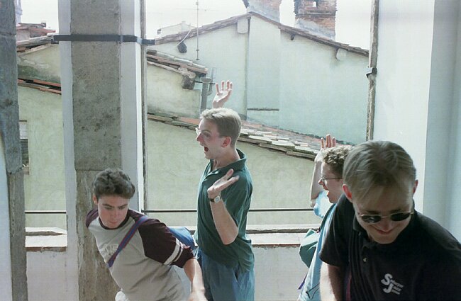 A scene from Stephen's film (choir looks scared and runs away)