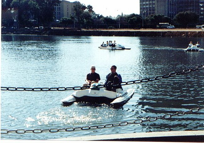 Steve and Adam on their pedalo