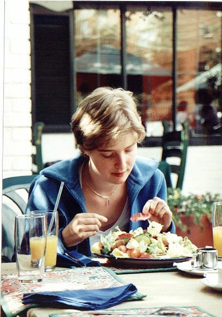 Liz looks daunted by yet another huge meal