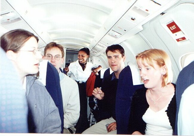 We sing 'Caelos' while the stewardess laughs