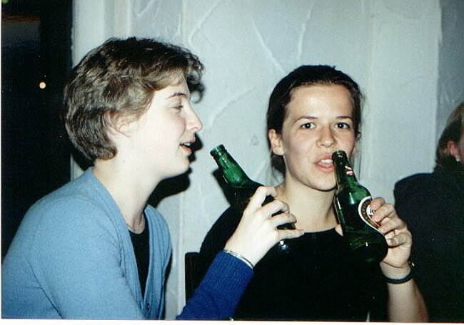 Liz and Suzie enjoy the 65p a bottle beer