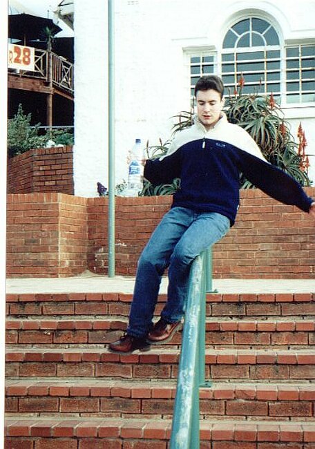 Pete slides down banisters outside Toby Joe's